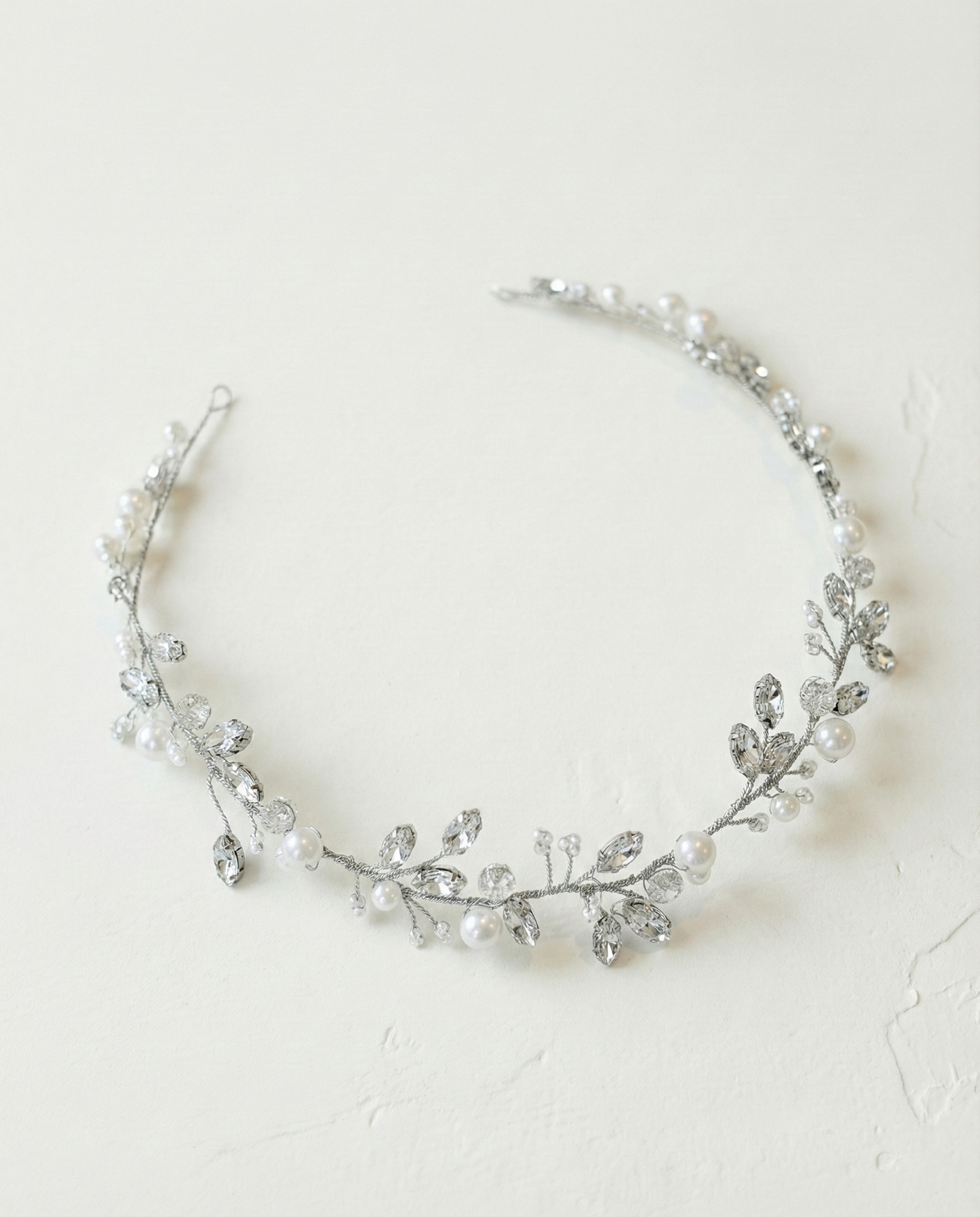 Bridal hair vine silver rhinestones with tiny white glass beads