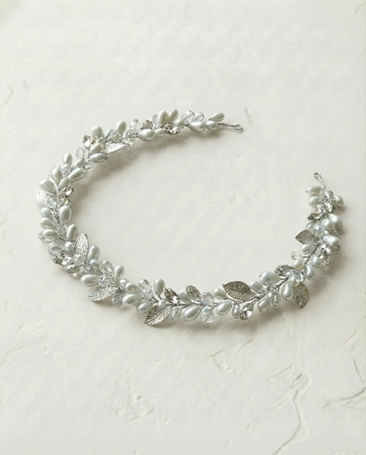 Silver Pearl and Crystal Leaf Hair Vine