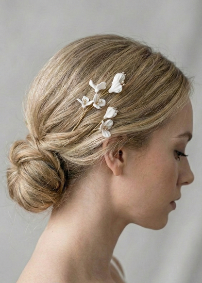 White Clay Floral Hair Pins