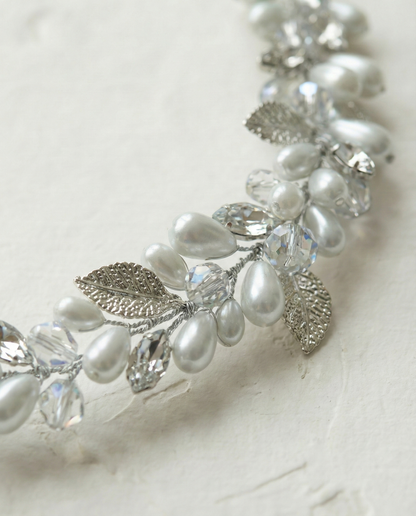 Silver Pearl and Crystal Leaf Hair Vine