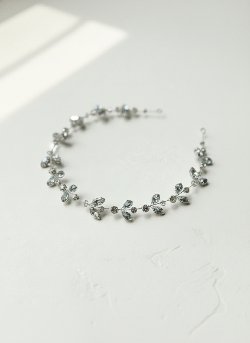 Bridal hair vine with silver rhinestones and glass beads