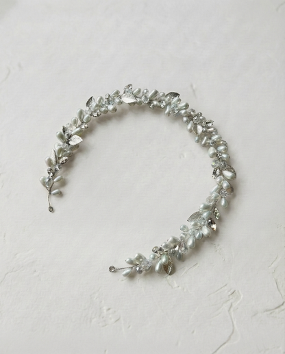 Silver Pearl and Crystal Leaf Hair Vine
