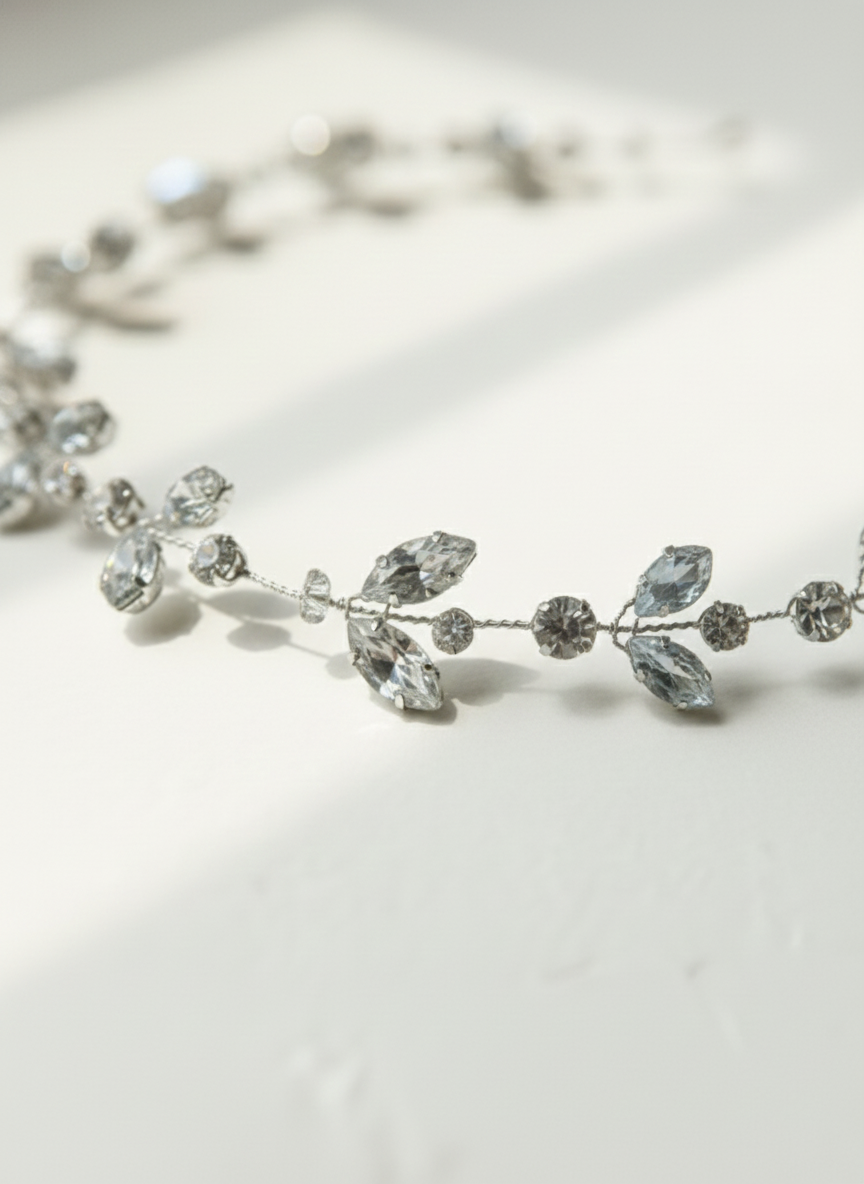 Bridal hair vine with silver rhinestones and glass beads
