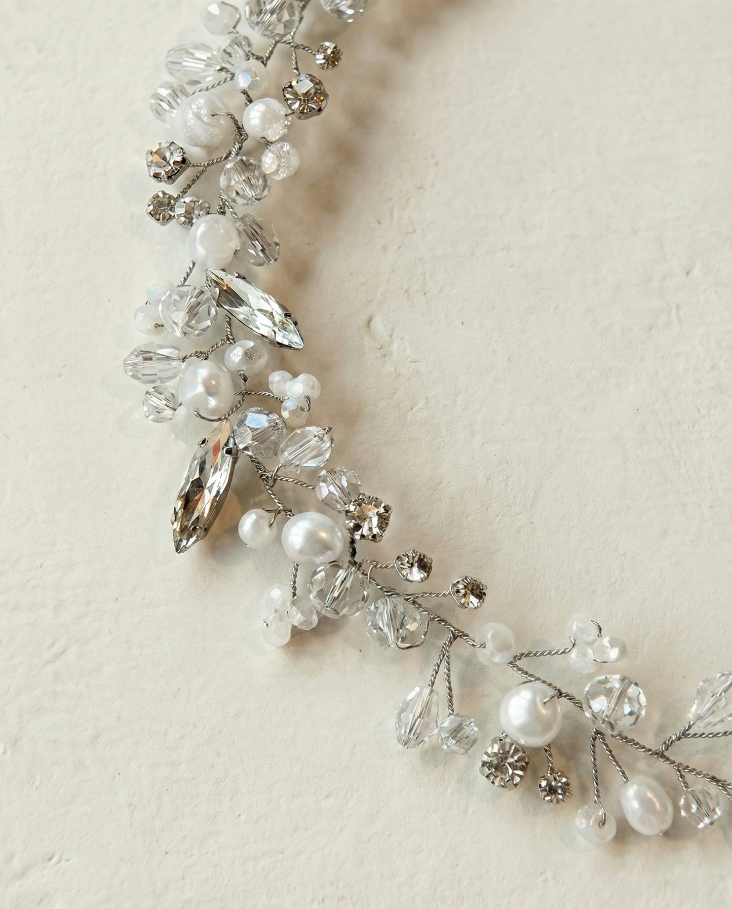 Bridal hair vine silver rhinestones  white glass beads mix