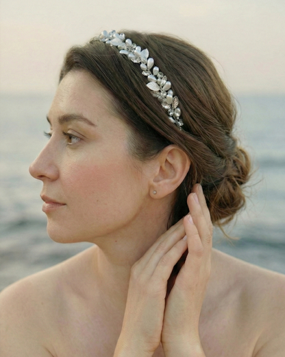 Silver Pearl and Crystal Leaf Hair Vine