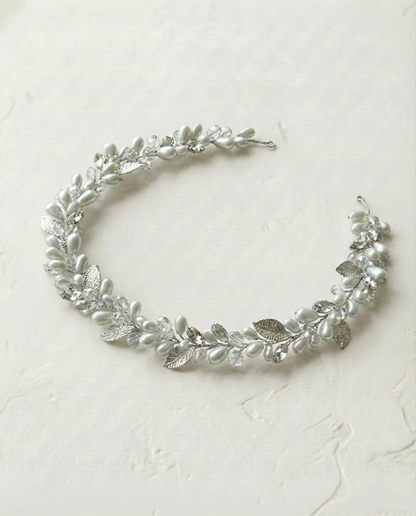 Silver Pearl and Crystal Leaf Hair Vine