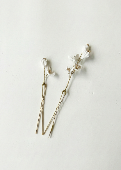 White Clay Floral Hair Pins