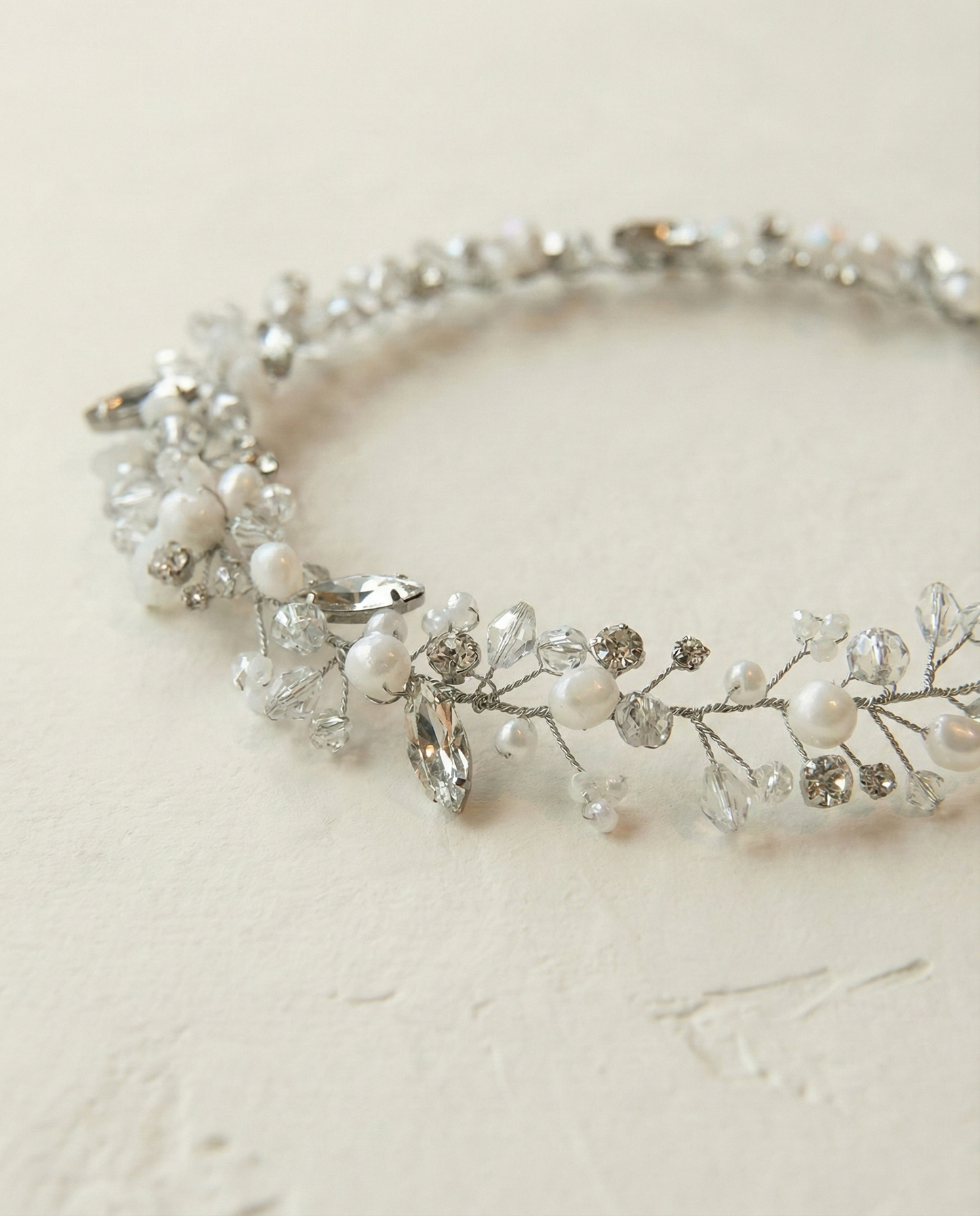 Bridal hair vine silver rhinestones  white glass beads mix