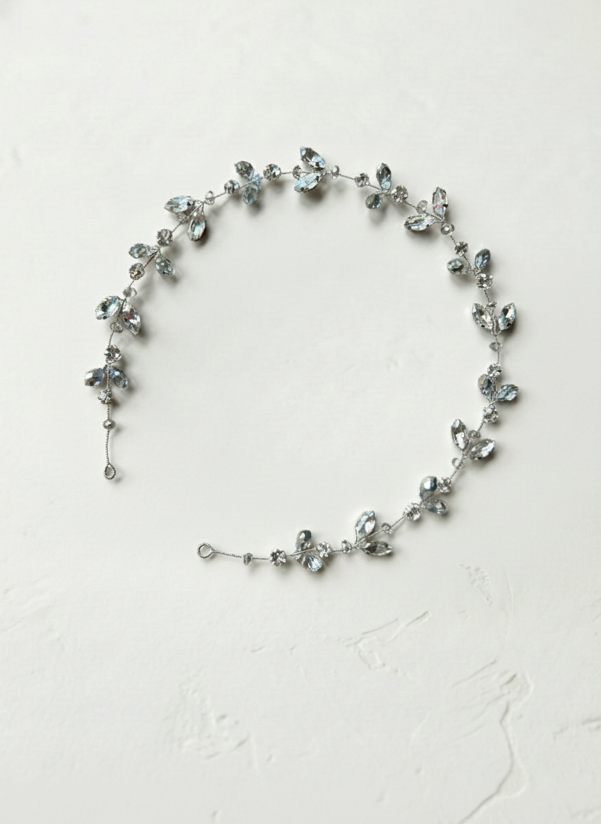 Bridal hair vine with silver rhinestones and glass beads
