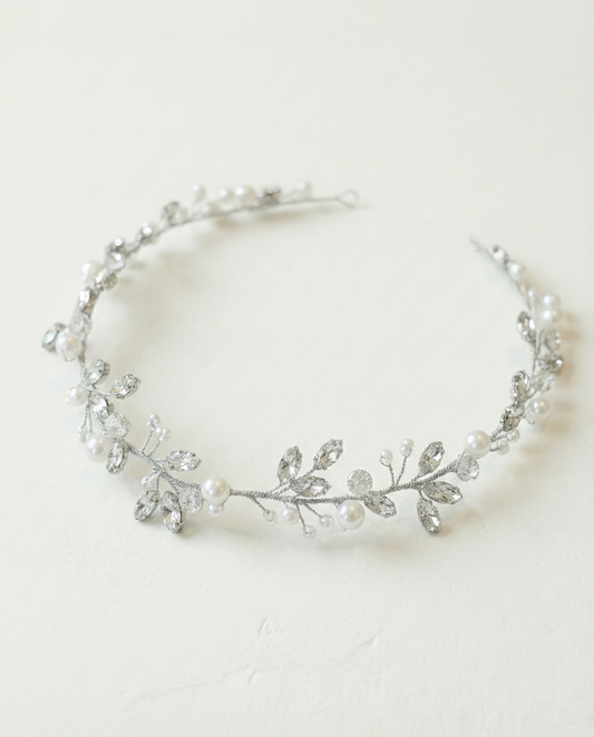Bridal hair vine silver rhinestones with tiny white glass beads