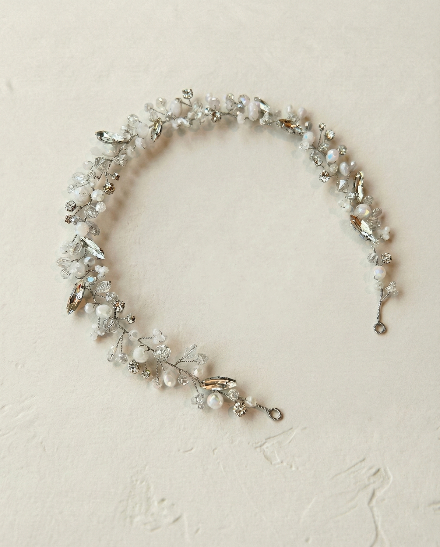 Bridal hair vine silver rhinestones  white glass beads mix