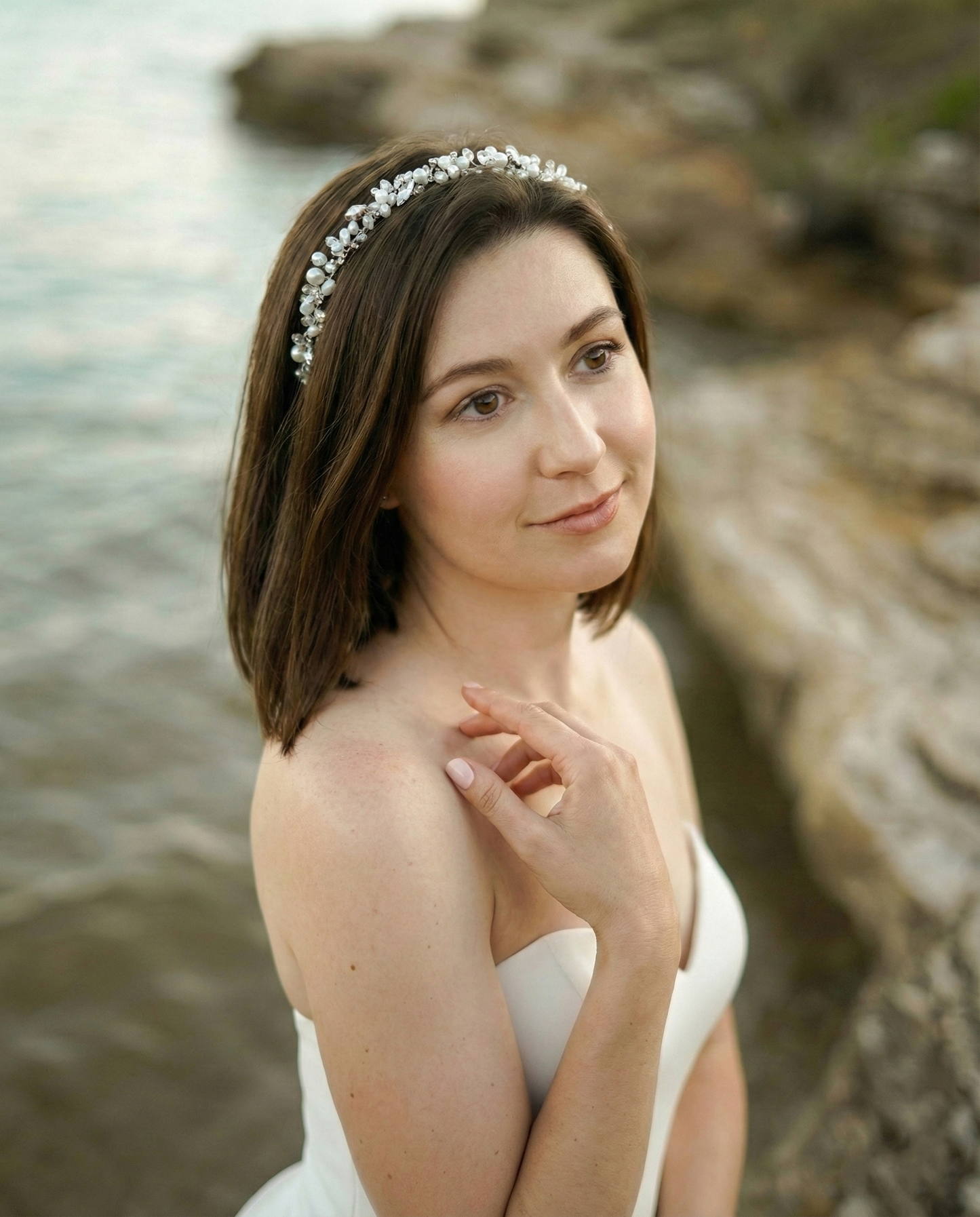 Bridal hair vine silver rhinestones  white glass beads mix