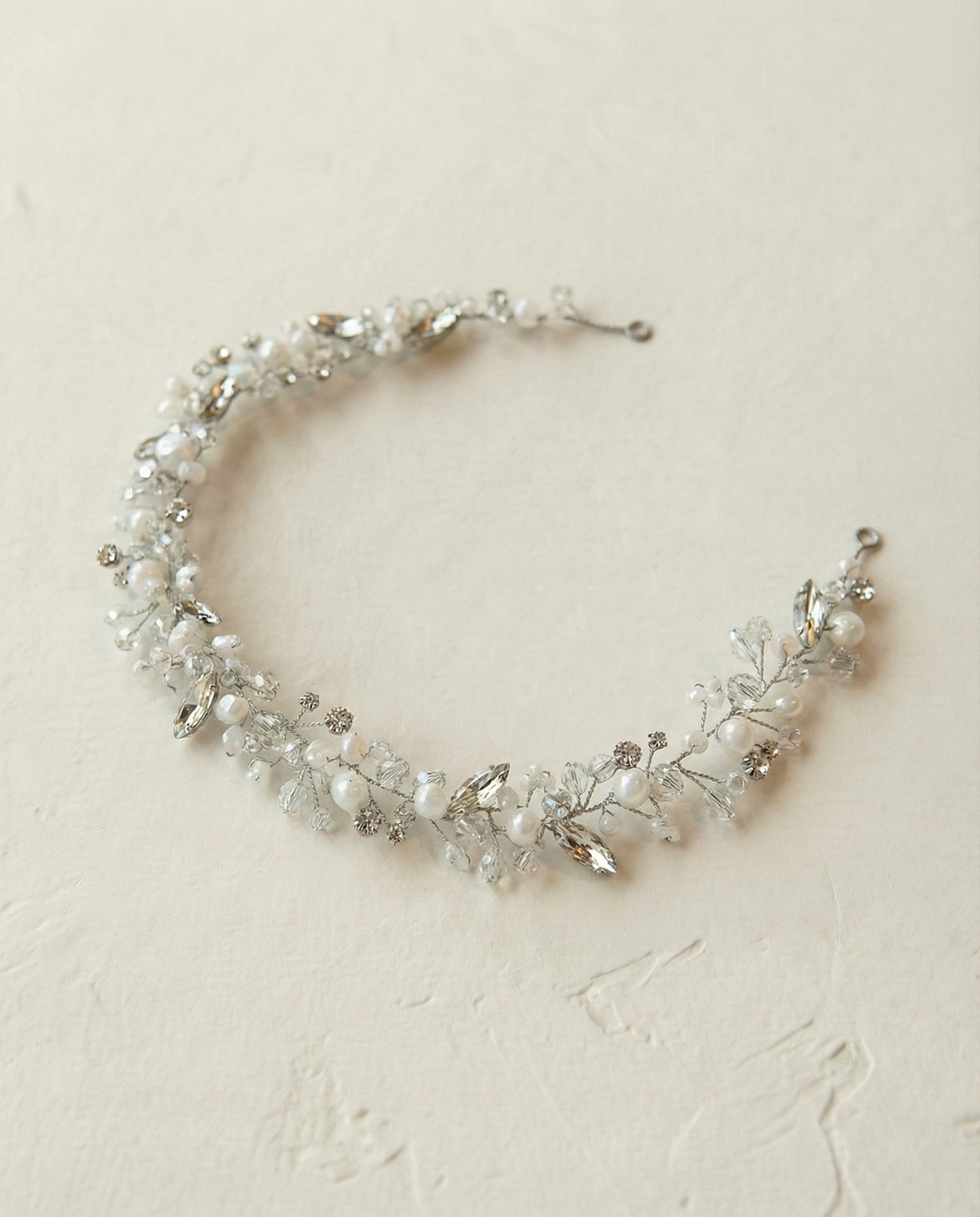 Bridal hair vine silver rhinestones  white glass beads mix